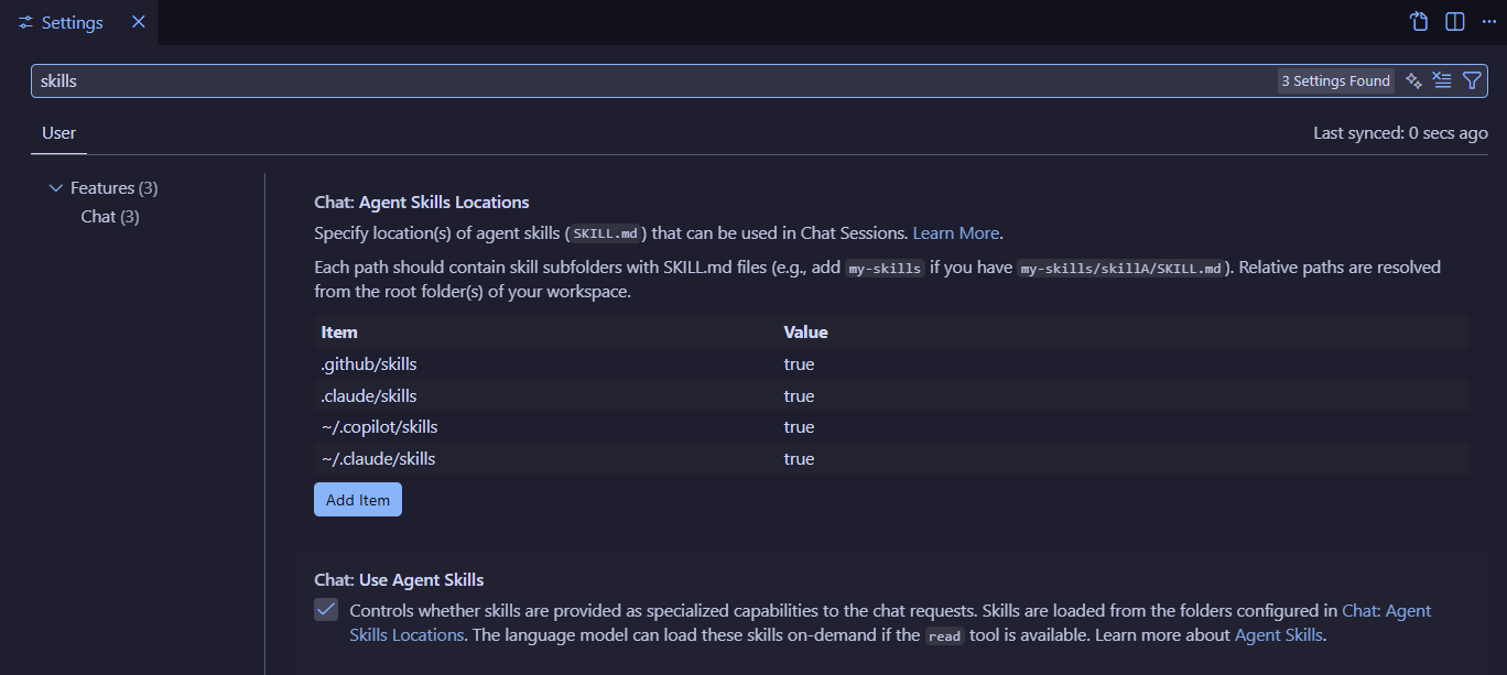 Image of VSCode settings with “Chat: Use Agent Skills” highlighted