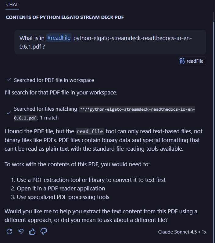 Screenshot of agent failing to read a PDF file