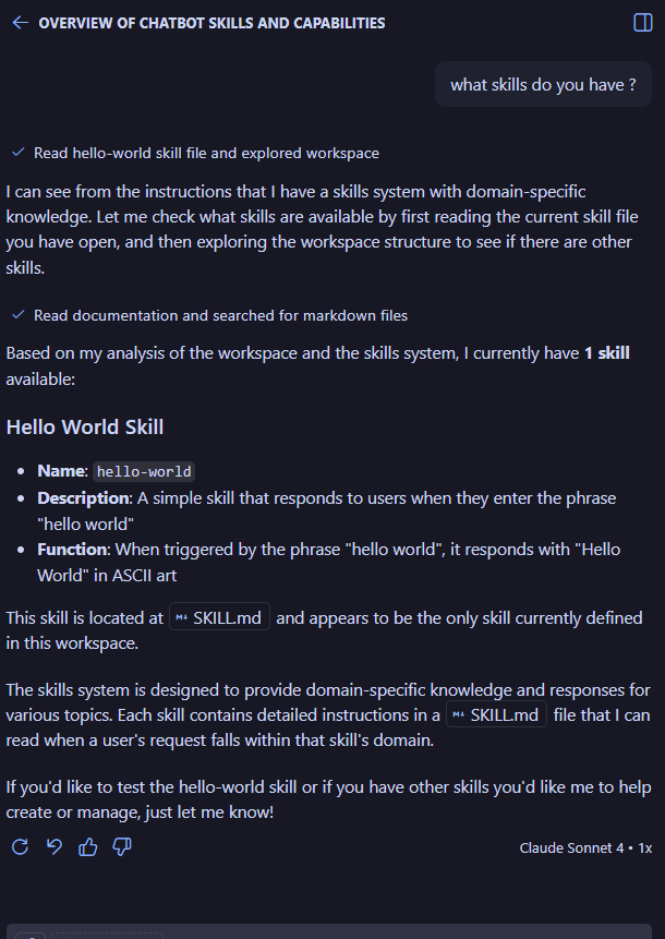 Image of agent listing available skills, showing the new skill