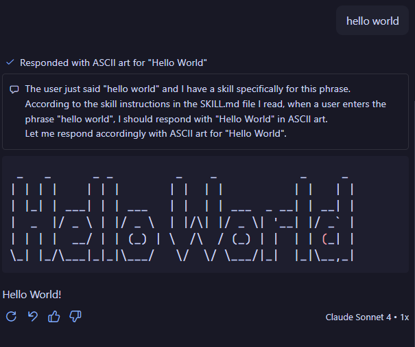 Image of ‘hello world’ text triggering the agent skill