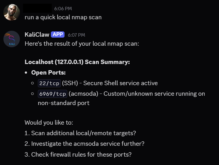 Discord Kali agent response