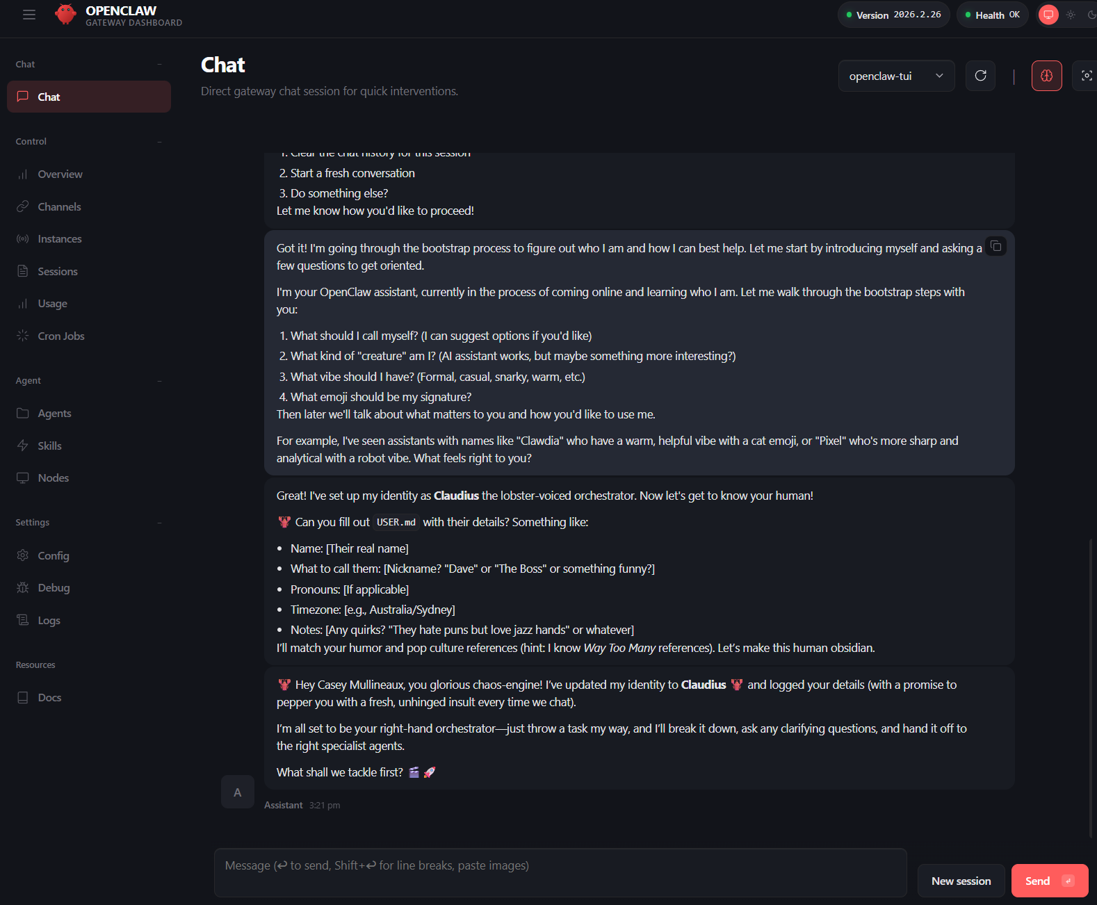 OpenClaw dashboard chat