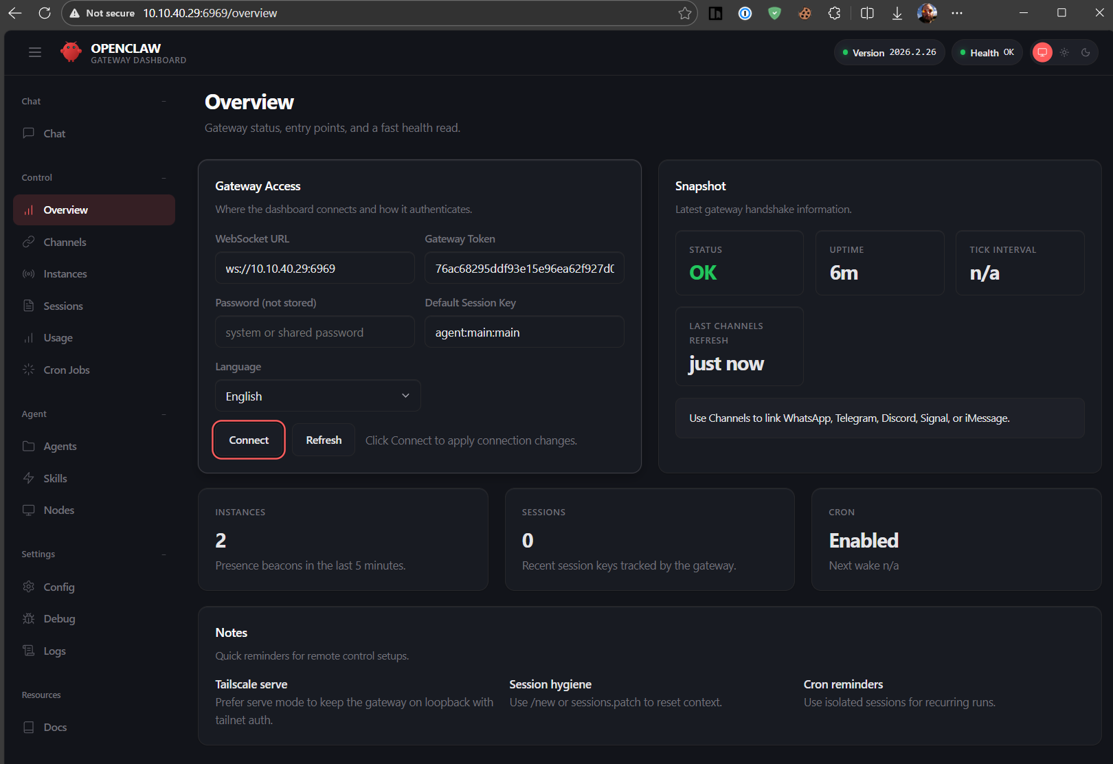 OpenClaw dashboard connect