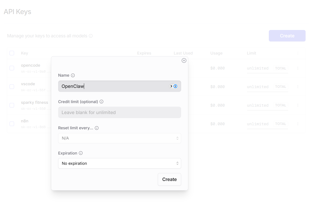 OpenRouter create API key